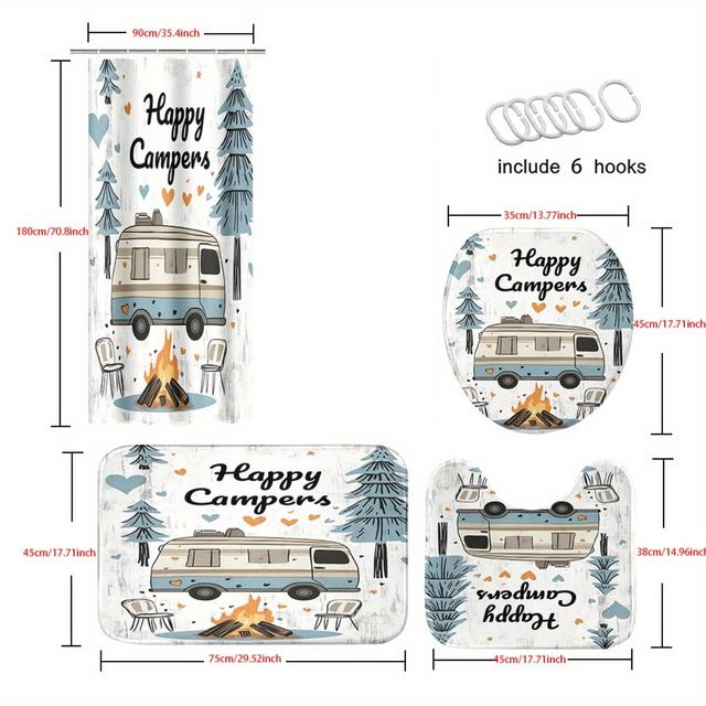 TEMU 1/4pcs "" With Rv Shower Curtain Ensemble - Decorative, Complete With Non-slip Mat, Toilet Lid Cover & Rug - Elegant Bathroom Decor For Home And Hotel Use - 70.8inch*70.69inch
