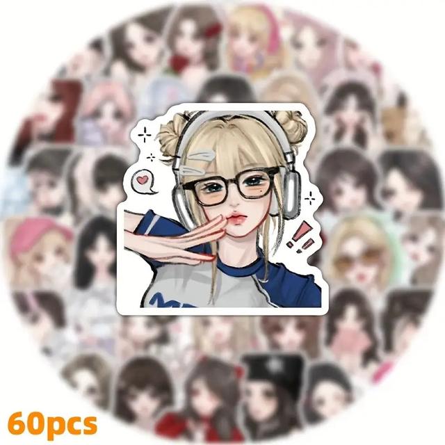 TEMU 60개 귀여운 애니메이션 소녀 스티커 북렛 - 카와이 만화 얼굴 & 헤어 클립, 스크랩북, 저널, 플래너, 냉장고용 - 잔여물 없는 접착제 DIY 공예 - 노트북, 태블릿, 랩탑 호환