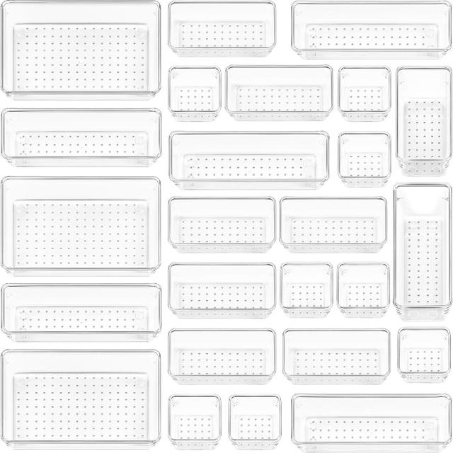 TEMU 25pcs Clear Plastic Drawer Organizer Set, 4-size Versatile Bathroom And Vanity Drawer Organizer Trays, Storage Bins For Makeup, Bedroom, Kitchen Gadgets Utensils And Office, Makeup Organizers