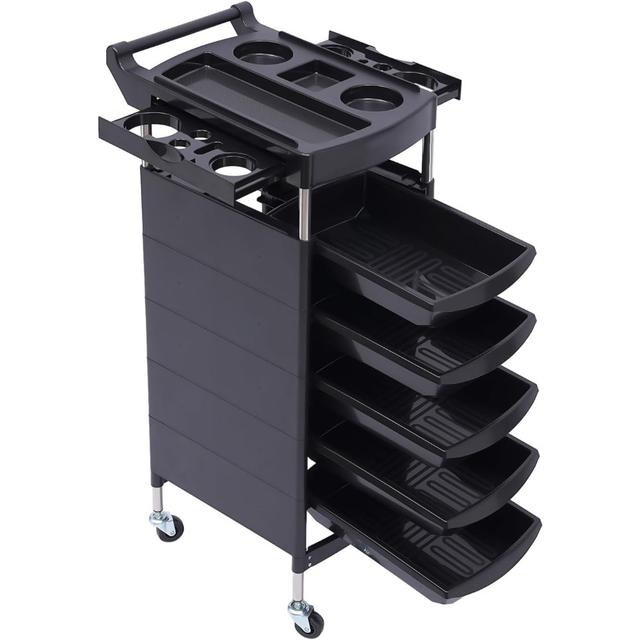TEMU Frisiersalon-Trolley mit Rädern, 5 Schubladen und einer Seitenablage, Geeignet für Schönheitssalons, Friseursalons, Krankenhäuser und Gesundheitszentren, in Schwarz