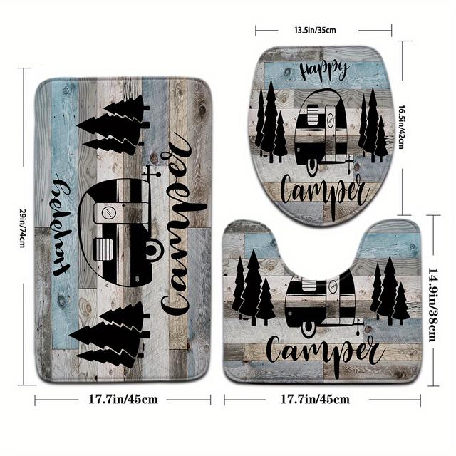 TEMU 2pcs/3pcs Minimalist Series Striped Car Tree Pattern Bathroom Mat Set Toilet Seat Cover U-shaped Foot Mat