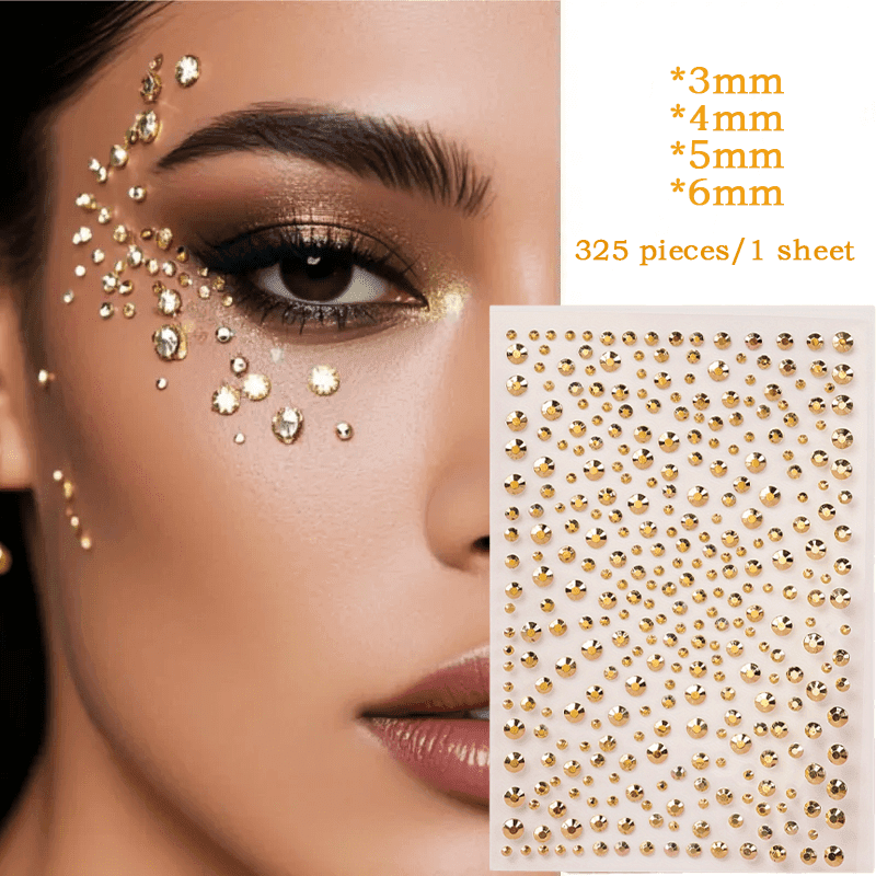 TEMU A Collection Of 325 Golden 3d In Sizes, Featuring Circular And Droplet Shapes. Glitter Stickers Are Perfect For Enhancing , Hair, And Body, Making Them Ideal For Party Makeup, Music Festivals