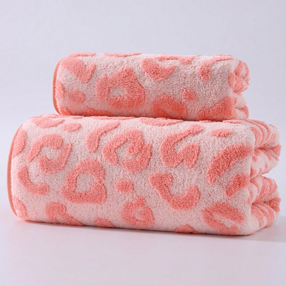 TEMU A Two-piece Set In Pink, Featuring A Modern And With Stylish Coral Fleece Jacquard . This Towel And Bath Towel Set Showcases A Cute Leopard Print, Is , Quick-drying, High-quality