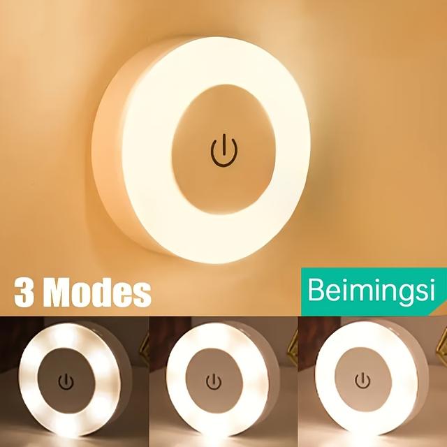TEMU Single Unit Magnetic Circular Night Lamp, Rechargeable Via Type-c With Touch Control, Features 3 Color Dimming For Gentle Eye-friendly , Ideal For Bedroom, Hallway, Cabinet, And Travel Use