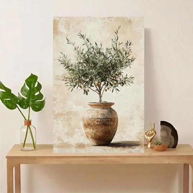 TEMU 1pc Ancient Olive Tree & Vase Oil Painting Canvas - Uv-resistant Wall Art Suitable For Living Room, Bedroom, Office - Minimalist Greek Symbol Decor, Holiday Birthday Gift
