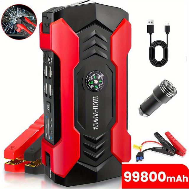 TEMU 1600a Car Jump Starter - 99800mah Portable Emergency Car Battery , 12v & Gas Engine, Emergency Led Light, Safety Hammer, Campatible With Cars, Motorcycle, Trucks, Rvs & Phone