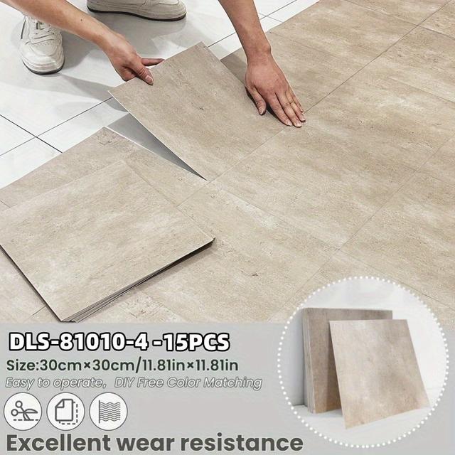 TEMU 15/30pcs Of Interlocking Square Wear-resistant Self-adhesive Floor Stickers, Made Of Thick Material, Featuring Multi-colored Marble Patterns, Allowing For Easy Cutting And Peeling Application,