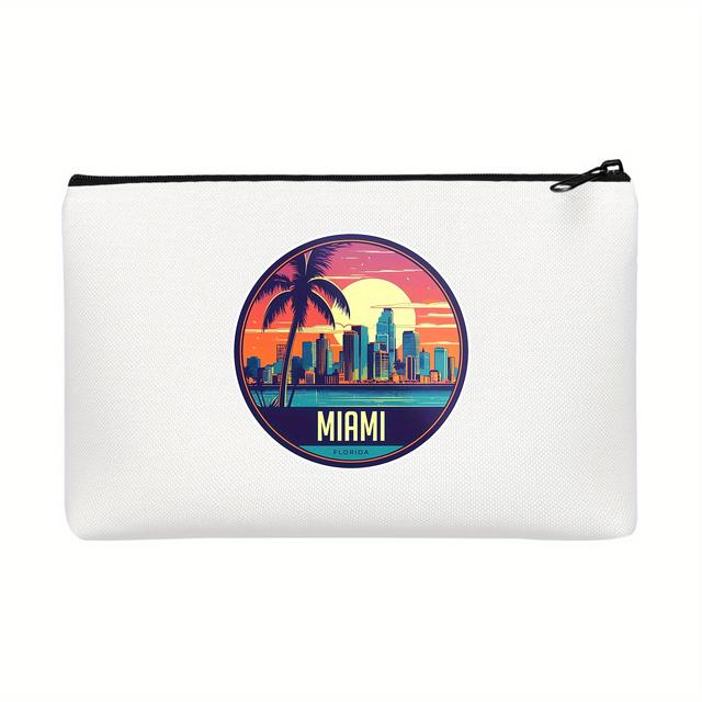 TEMU 1pc Miami City Mountain Cosmetic Bag - Lightweight Portable Travel Pouch With Zipper Closure, Machine Washable Canvas Makeup & Toiletries Organizer
