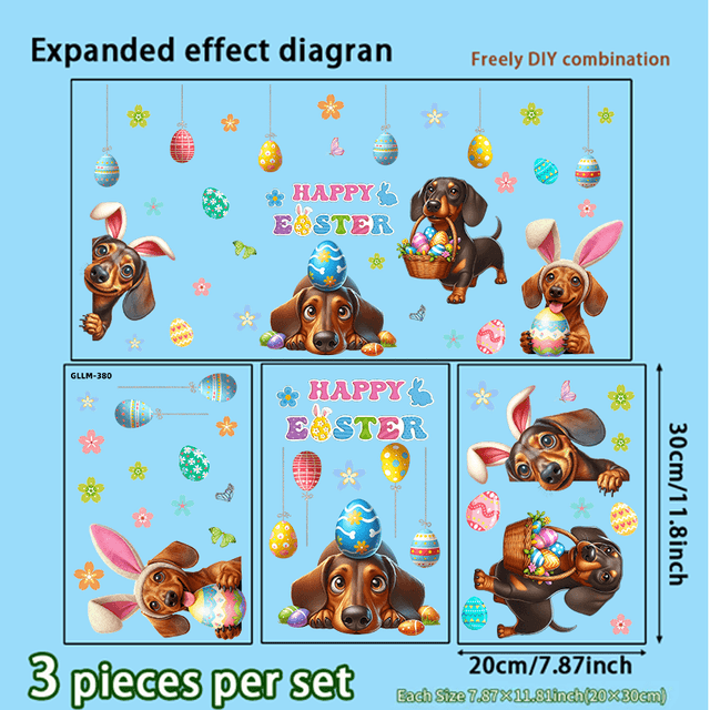 TEMU 3 ks Velikonoční nálepky na okna s jezevčíkem, Velikonoční dekorace na oslavy, Vhodné pro skleněné domácí dekorace, Velikonoční dekorace, které oživí váš domov, Ideální dárek