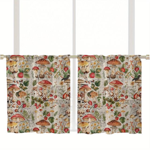 TEMU 2pcs Mushroom & Strawberry Leaf Curtains - Vintage Floral Pattern, Light-filtering Polyester Rod Pocket Drapes For Kitchen & Bedroom, Machine Washable, Decor, Curtains For Kitchen