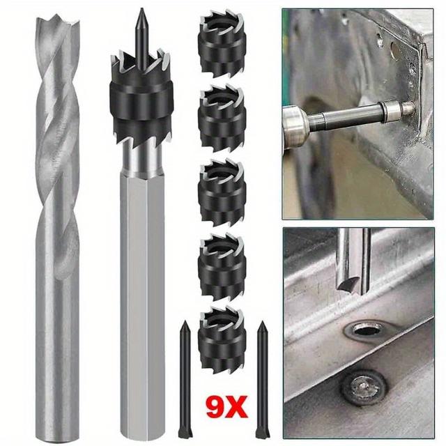 TEMU Zestaw narzędzi do spawania: 9x wiertło do punktu spawalniczego, frez do punktu spawalniczego z trzpieniem sześciokątnym, wiertło do punktu kotwiczącego