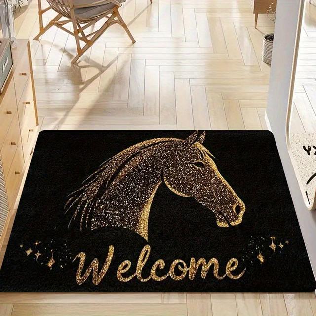TEMU 1pc Golden Horse Pattern Flannel Doormat - Non-slip Washable Farmhouse Style Mat, Durable Material, Suitable For Indoor/outdoor Use, Machine Washable Welcome Mat | Farmhouse Style