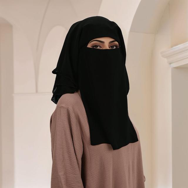 TEMU حجاب نسائي مسلم ثلاثي الطبقات مُحسّن - أسود ناعم وأنيق مع غطاء وجه من البوليستر، ملابس مسلمة عصرية ومتعددة الاستخدامات