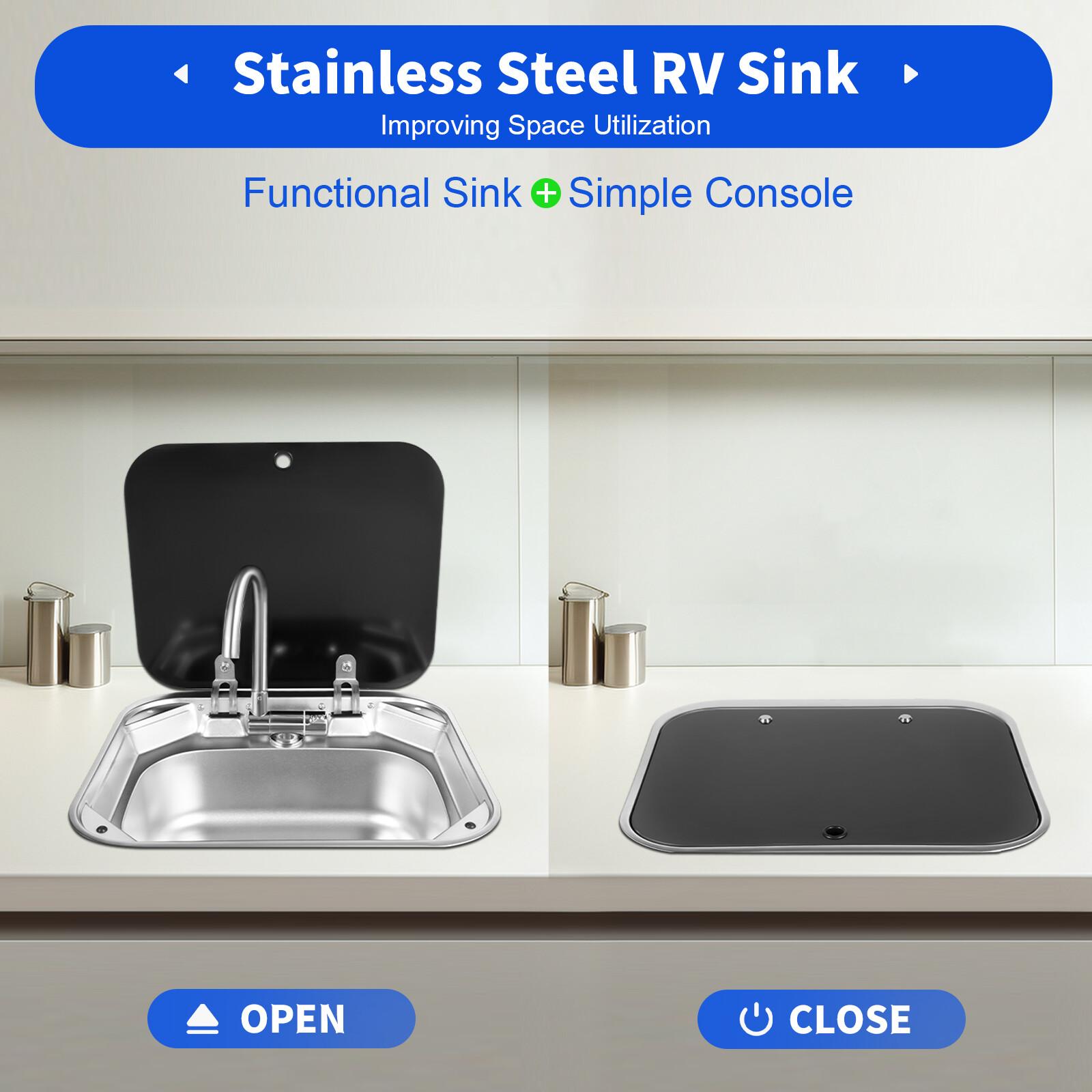 TEMU Rv Sink Set With Faucet | Complete Portable Kitchen/bathroom Vanity Set For Rvs, Campers, Travel Trailers - Stainless Steel Sink + Faucet + Accessories, Model 2022-1058, Brushed Surface