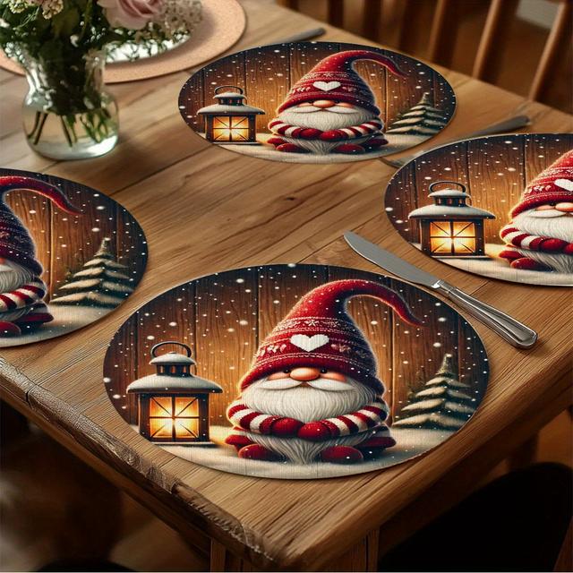 TEMU A Set Of 4 Christmas Gnome Round Placemats, Made Of Polyester With Printed Snowflake And Stripe Patterns, Suitable For Festive Dining And Kitchen Decoration