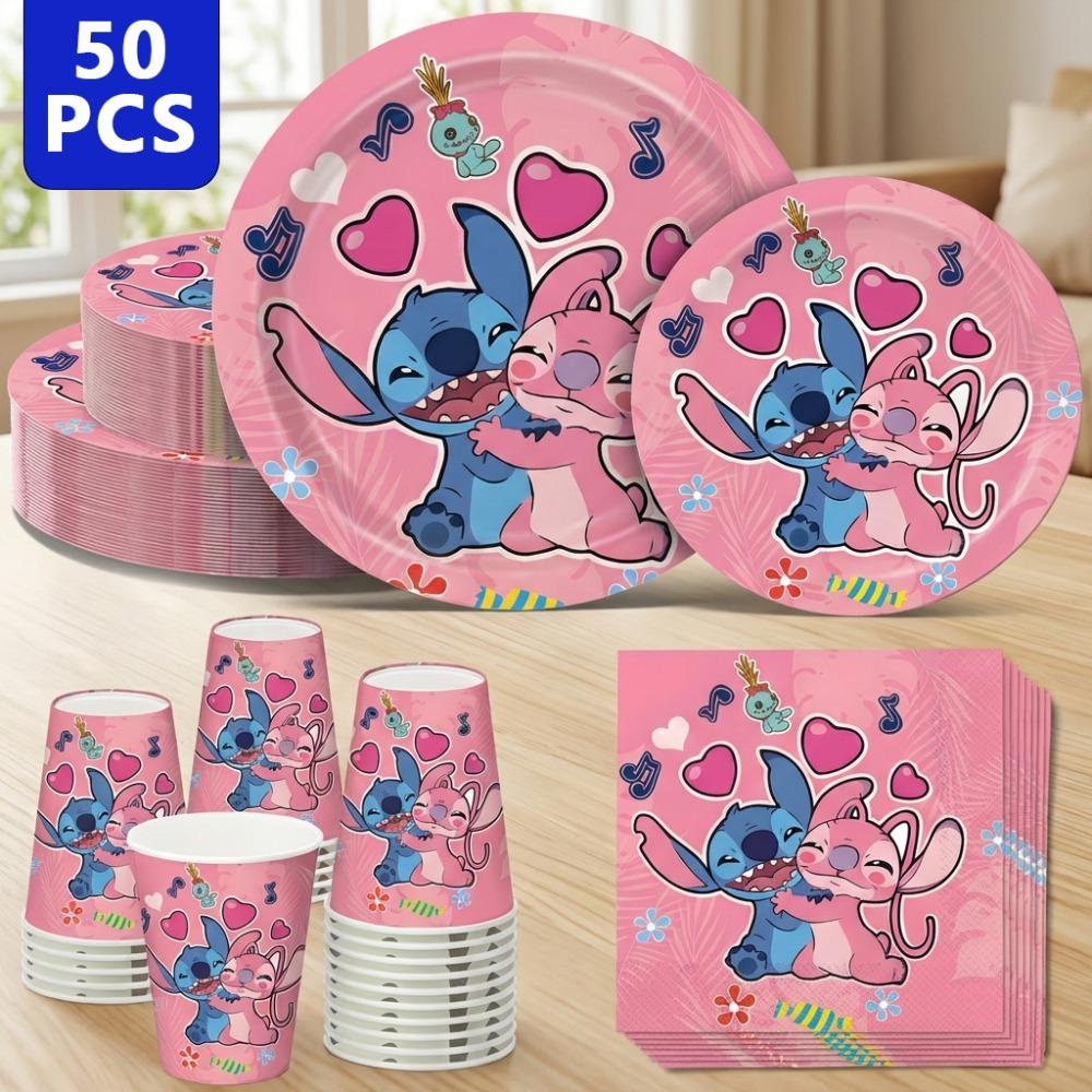 TEMU 50pcs And Themed Tableware Cup Set | Couple Party Photo Props, Decorative Items, Paper Plates, Disposable Paper Cups, Napkins