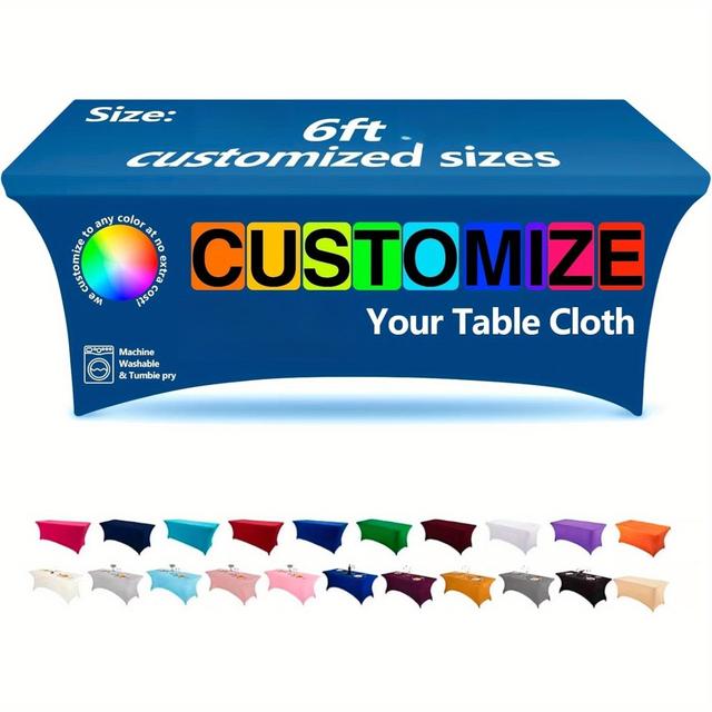 TEMU Personalized Spandex Table Cloth Cover Custom Stretch Table Cloths With Business Text Portable Rectangular Tablecloth For Wedding Birthday Anniversary Tradeshow Events Decor