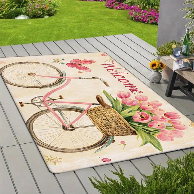 TEMU 1 قطعة سجادة ترحيب بتصميم زهور التوليب والدراجة - سجادة بوليستر غير قابلة للانزلاق، قابلة للغسيل بالماكينة، ديكور ريفي للمدخل، غرفة النوم، الحمام، المطبخ، سجادة أرضية متينة بأسلوب الكوخ