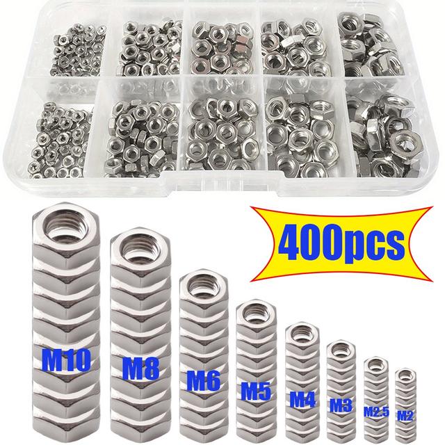 TEMU 400 ks Sada Nerezových Šestihranných Matic (M2-M10) s Plným Závitem pro Průmyslové Zařízení, Domácí Opravy, Mechanické Díly a Údržbu Venkovních Konstrukcí