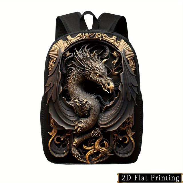 TEMU Dragon Print Backpack - Stylish Black And With Adjustable Straps, Large Capacity, And Side Pockets For School, Travel, And Everyday Use, School Backpack | Backpack | Durable Backpac