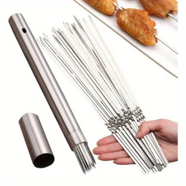 TEMU 16pcs Stainless Steel Grill Skewers Set, Including 15 Grill Skewers + 1 , Durable, Reusable And Easy To Clean, Cooking Meat And Vegetables, Grill Skewers, Grill Supplies, Flat Grill Forks