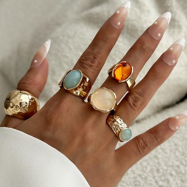 TEMU 5pcs Vintage Elegant Women's Rings | Irregular Wide Design, Kc Golden Plated Alloy With Rhinestones, Suitable For Daily And Gift-giving Occasions