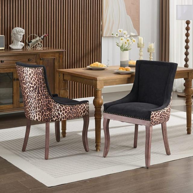 TEMU Ultra Side Dining Chair, Thickened Fabric Chairs With Solid Wood Legs, Bronze Nail Head, Set Of 2, Leopard Print