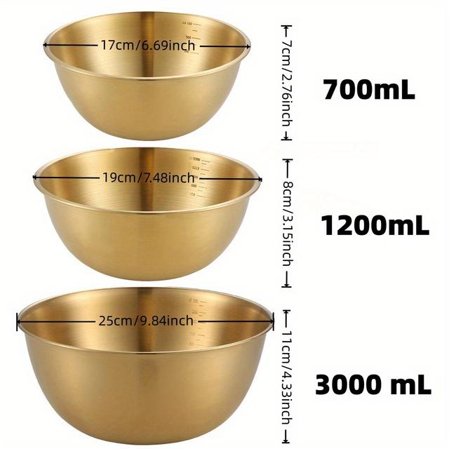 TEMU 3pcs Stainless Steel Salad Bowls Set, Oven Safe, Durable Kitchen Mixing Bowls With Measurement Marks
