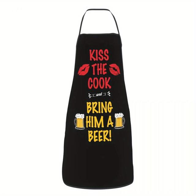 TEMU 1pc Funny "kiss " Humorous Apron - Black Polyester, Unisex Kitchen Chef Bib For Cooking, Baking, Gardening, Bbq & Picnics, With Beer & Lips Design, Outdoor Cooking Gear | Design | Durable