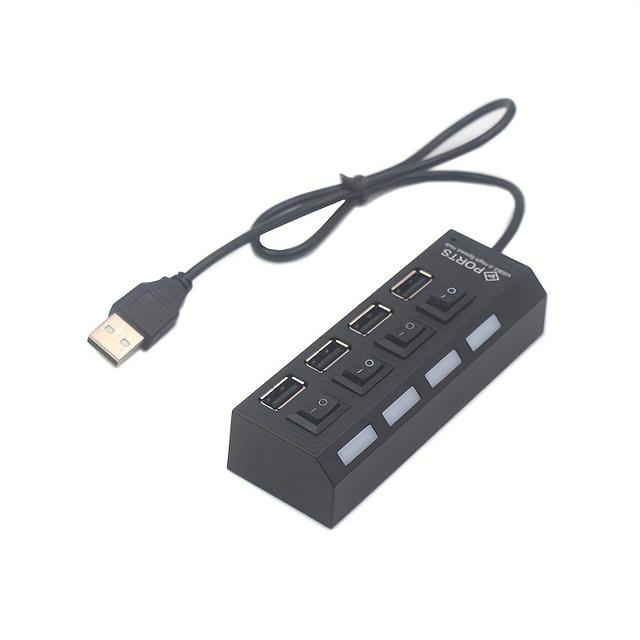 TEMU Hochgeschwindigkeits-4-Port-LED-USB-2.0-Adapter-, Mehrfachsteckdose mit ein-/ausschaltbarem Netzschalter, Ladegerät-Splitter für PC, Laptop, Computer, USB-Stick, Handy, Tablet, Schwarz