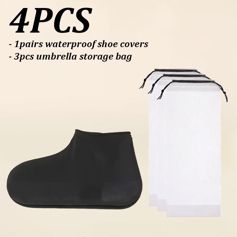 TEMU 4pcs Essentials Combo: Reusable Latex Shoe Covers (anti-slip/rainproof) & Waterproof Umbrella Storage Bag - Perfect For And Wet , Travel-friendly