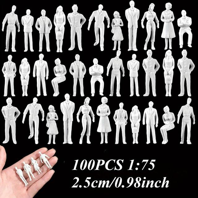 TEMU 100 unlackierte Minifiguren-Modelle für Architekturprojekte, mit stehenden und sitzenden Figuren, geeignet für Miniatur-Szenen im Maßstab 1:50