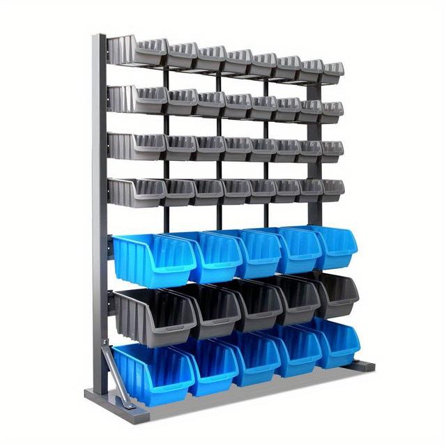 TEMU Storage Bin Rack, 47 Bins/ 90 Bins Garage Tool Storages Shelving Wall Mounted Toolbox Shelf Bracket Home Workshop Garden Organiser, 7 Tier 124kg Capacity Stable Blue