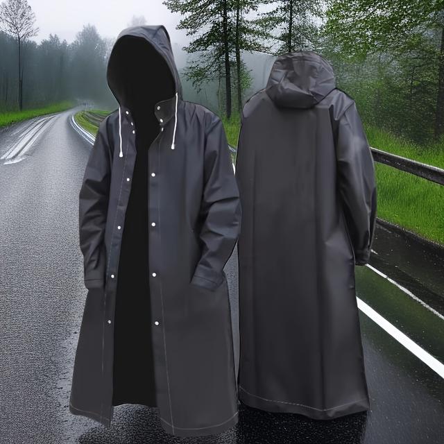 TEMU Waterproof Long Raincoat - Made Of Durable Eva Material With Drawstring Hood Design, Suitable For Outdoor Activities Like Cycling, And Fishing -black
