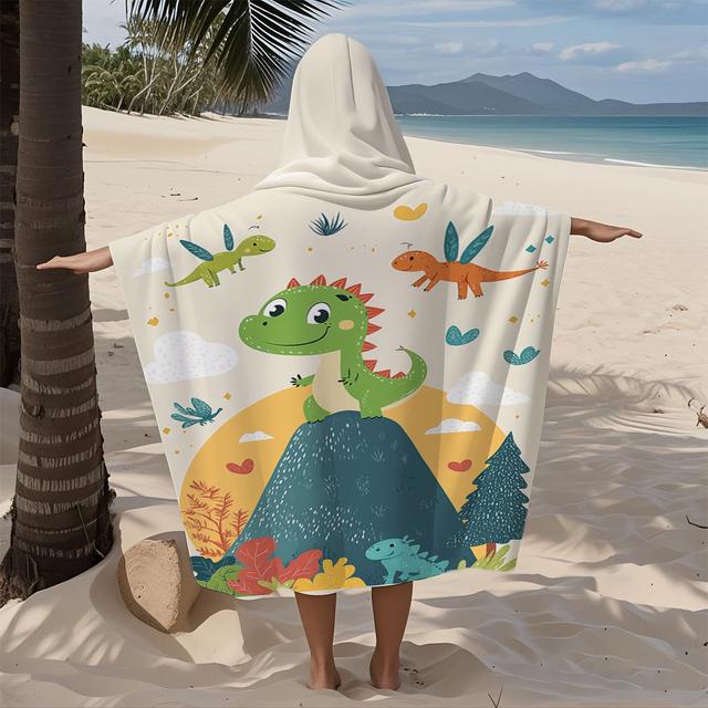 TEMU 1개 세트 3사이즈 카툰 공룡 패턴 마이크로화이버 후드 비치 타월, 초극세사 편안함, 빠른 건조, 연한 베이지 색상, 해변 및 수영장용, 착용 가능한 목욕가운, 완벽한 선물