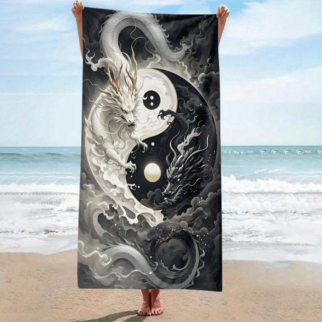 TEMU Serviette de Plage Imprimée Dragon Yin Yang 1pc - Microfibre Super Absorbante à Séchage Rapide, Design Cartoon Style Bohémien pour la Plage, Piscine, Yoga, Camping & Voyage, Accessoires de Plage