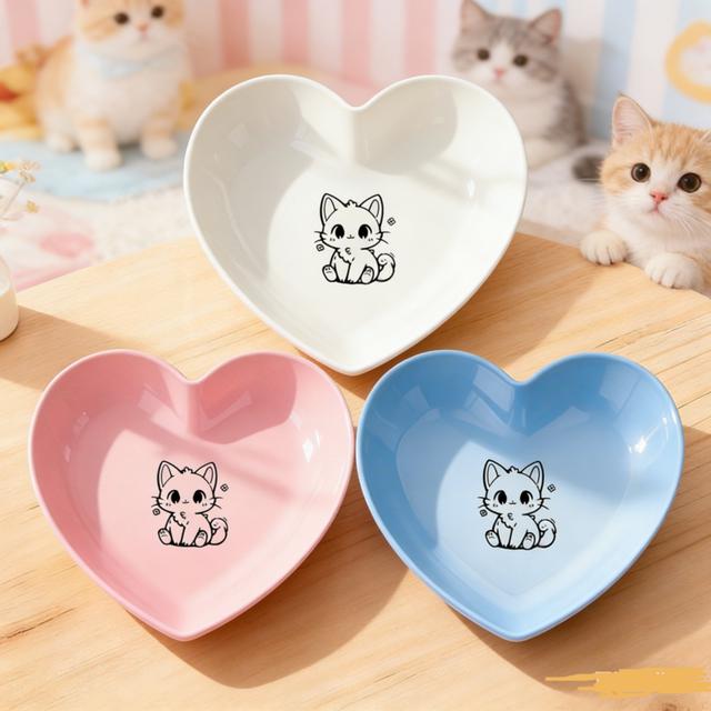 TEMU A Set Of 3 Heart-shaped Cat Bowls Featuring Kitten Designs, Including Food And Water Bowls For Your Pet, Offering More Options For Your Furry Friend, Without Battery