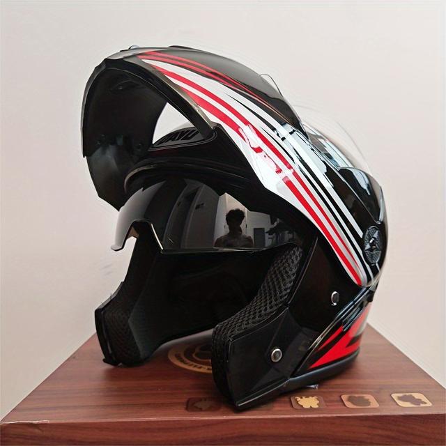 TEMU 1pc Black Red Motorcycle Helmets, With Double Visors Full Face Motorbike Sports, In Winter, Abs Materialfor Adults