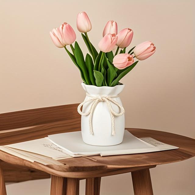 TEMU Plastikowa wazon z jutowym kokardą | , idealna do domku | Nietłukący pojemnik na kwiaty do wnętrz i na zewnątrz, doskonały do salonu, jadalni i na kemping