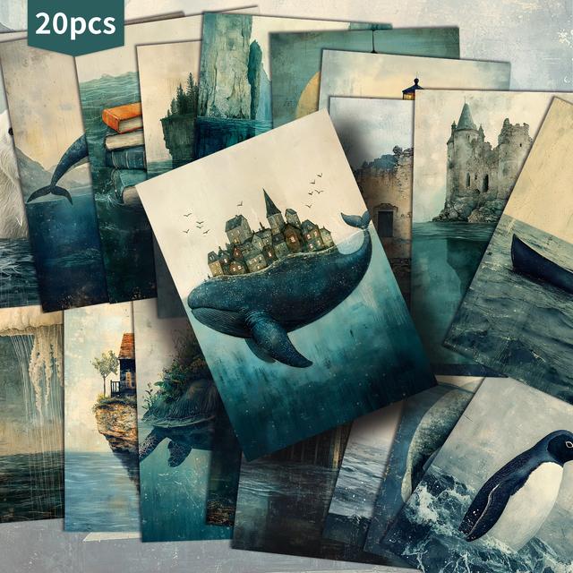 TEMU 20er-Pack Vintage Blaue Meeres- Ozeantier Papierpostkarten - 4x6 Zoll Vintage Junk Journal Papier, Klassische -Illustrationen, Sammelbare Dekorative Malerei-Karten für Scrapbooking & Basteln
