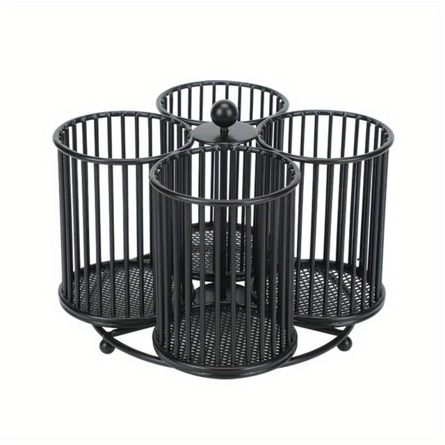 TEMU Rotating 3/4 Compartment Metal Utensil Organizer Rack - Countertop Storage Cage For Kitchen Utensils, Space-saving Design For Cabinets, Shelves & Countertops, No Power Needed, Sleek Black Finish