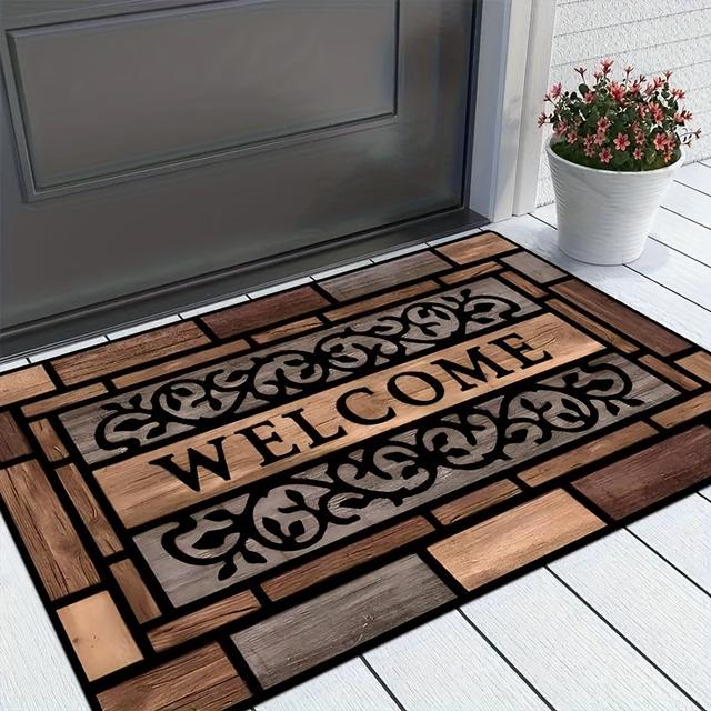 TEMU 1pc 750gsm Heavy-duty Rustic Wood Grain Welcome Doormat - Anti-slip Rubber Backing, Durable Non-woven Fabric With Stylish Brown Pattern For Home Entrance & Front Door Decor, Antislip Backing