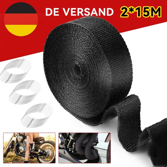 TEMU 2pcs Heat Protection Tape Fiber 15m Exhaust Tape With 30 Stainless Steel Cable Ties For Manifold Heat Tape Motorcycle Manifold Tape Black