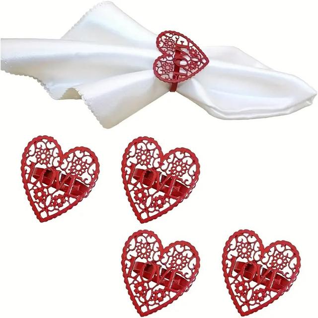 TEMU Red Metallic Heart-shaped Napkin Ring With Hollow Grid Design For Valentine's Day Wedding Anniversary Party Elegant Table Centerpiece With Matching Bow-shaped Stand