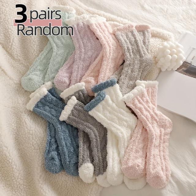 TEMU 3 Pairs Plush Fuzzy Socks - Soft Warm Winter Socks With 95% Polyester & 5% Elastane, Cozy Ribbed Cuff, 6 Pastel Colors, Machine Washable For & Outdoor Wear