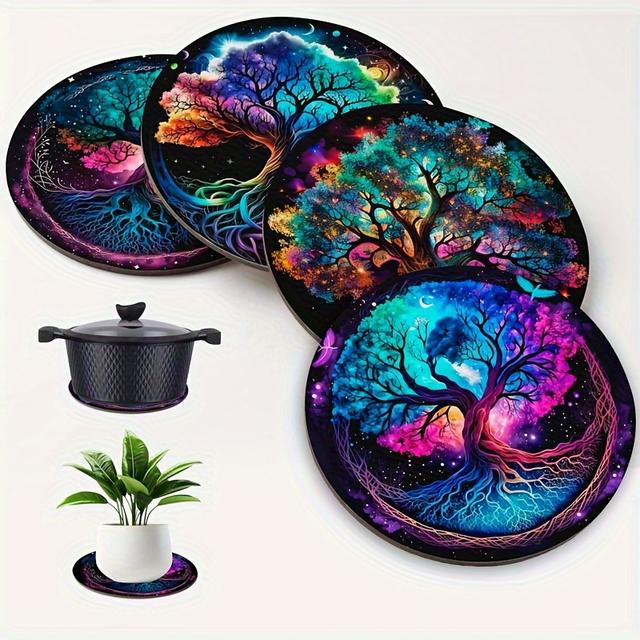 TEMU 4 ks Barevné Podtácky Života – Univerzální Protiskluzové Podložky do Kuchyně, Kanceláře a na Večírky, Odolné vůči Teplu