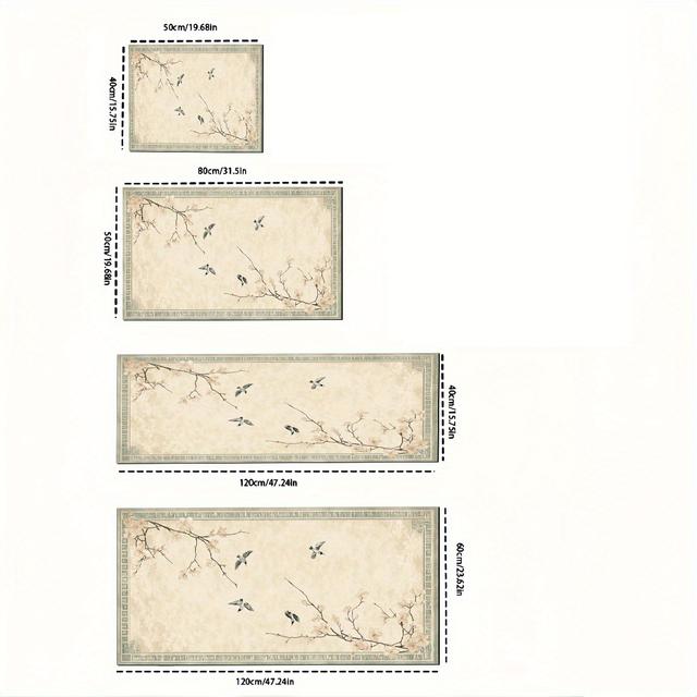 TEMU 1 قطعة سجادة مكتب من الحرير على شكل زهور وطيور - تصميم أنيق باللون البيج والأخضر، متعدد الاستخدامات للمكتب والمطبخ والكتابة في المنزل أو العمل، قماش بوليستر، يمكن غسله في الغسالة، سجادة مكتب