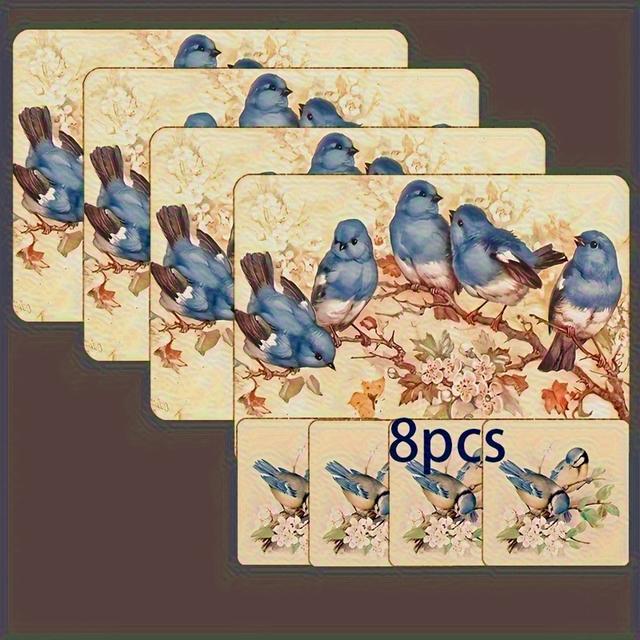 TEMU 8pcs European Style Wooden Placemat Set, Printed Pattern Square Placemats/bird And Flower , Durable Table Mats For Dining Room And Kitchen