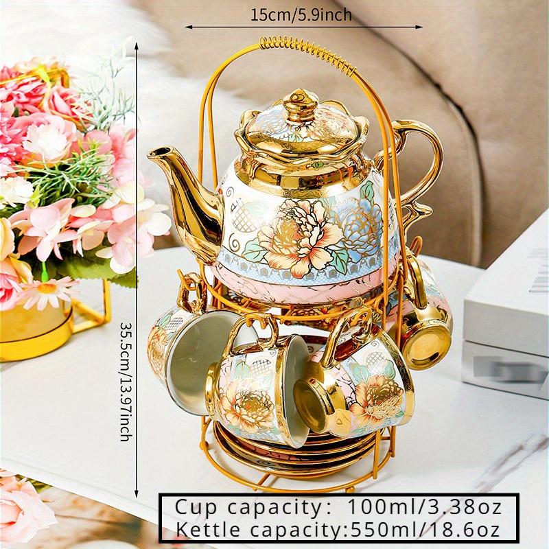 TEMU 14pcs Elegant Ceramic Coffee Pot And Cup (/) With Metal Cup Holder & Kettle - Complete Tea & Coffee Set Suitable For Parties, Gifts,