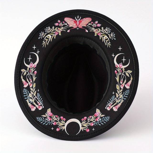 TEMU Western Cowboy Hat For Halloween & - Lightweight Black Hat With Vibrant Floral Print, Non-stretch Fit, Hand Wash Only